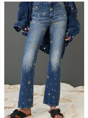 Pilcro The Icon Flare Jeans Anthropologie Embroidered Floral Blue Size 26